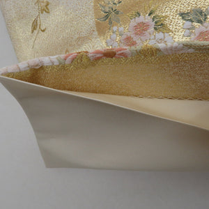 袋帯 正絹 金糸 ゴールド系 丸に季節の花々文様 金色ｘ多色 六通柄 フォーマル 礼装 長さ432cm