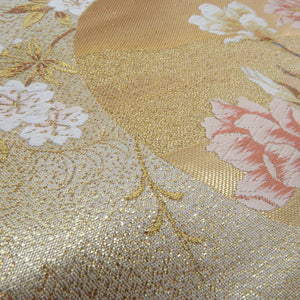 袋帯 正絹 金糸 ゴールド系 丸に季節の花々文様 金色ｘ多色 六通柄 フォーマル 礼装 長さ432cm