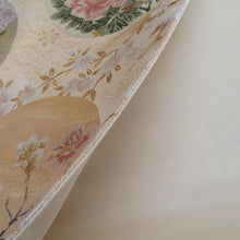 画像をギャラリービューアに読み込む, 袋帯 正絹 金糸 ゴールド系 丸に季節の花々文様 金色ｘ多色 六通柄 フォーマル 礼装 長さ432cm