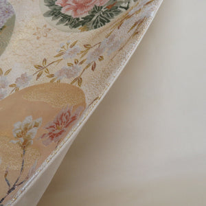 袋帯 正絹 金糸 ゴールド系 丸に季節の花々文様 金色ｘ多色 六通柄 フォーマル 礼装 長さ432cm