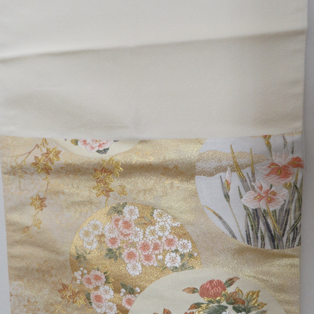 袋帯 正絹 金糸 ゴールド系 丸に季節の花々文様 金色ｘ多色 六通柄 フォーマル 礼装 長さ432cm【中古】 【キモノオフ野々市若松店】 袋帯 正絹 金糸 ゴールド系 丸に季節の花々文様 金色x多色 六通柄