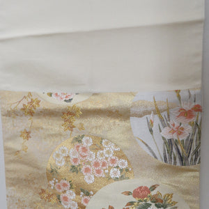 袋帯 正絹 金糸 ゴールド系 丸に季節の花々文様 金色ｘ多色 六通柄 フォーマル 礼装 長さ432cm