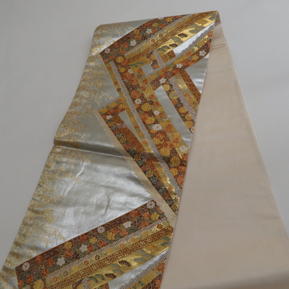袋帯 正絹 金糸銀糸 ゴールドxシルバーx多色 幾何学に小花模様 六通