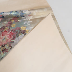 袋帯 正絹 金糸銀糸 パステル系 花々文様 緑色ｘピンク色 刺繍入り 六通柄 フォーマル 礼装 長さ440cm