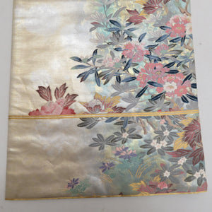 袋帯 正絹 金糸銀糸 パステル系 花々文様 緑色ｘピンク色 刺繍入り 六通柄 フォーマル 礼装 長さ440cm
