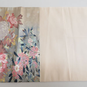 袋帯 正絹 金糸銀糸 パステル系 花々文様 緑色ｘピンク色 刺繍入り 六通柄 フォーマル 礼装 長さ440cm