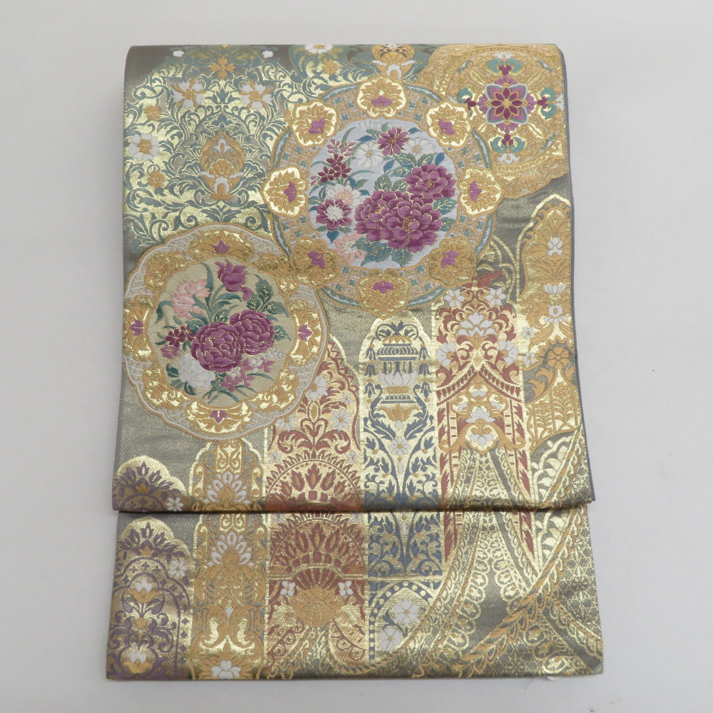 袋帯 正絹 金糸 グレーｘゴールドｘ薄紫色 パステル系 オリエンタル調 華文様 六通柄 フォーマル 礼装 長さ448cm【中古】 【キモノオフ野々市若松店】 袋帯 正絹 金糸 グレーxゴールドx薄紫色 パステル系 オリエンタル調