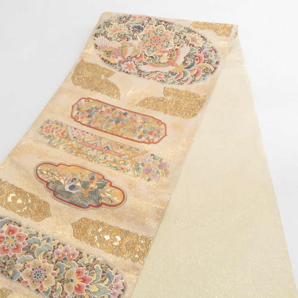 袋帯 正絹 金糸 花鳥文様 金色x多色 六通柄 フォーマル 礼装 長さ