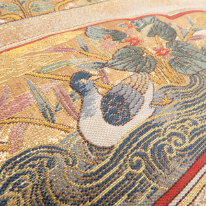 袋帯 正絹 金糸 花鳥文様 金色ｘ多色 六通柄 フォーマル 礼装 長さ448cm