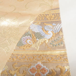 袋帯 正絹 金糸 唐草花に華紋文様 金色ｘ緑色ｘ紫色 六通柄 フォーマル 礼装 長さ440cm