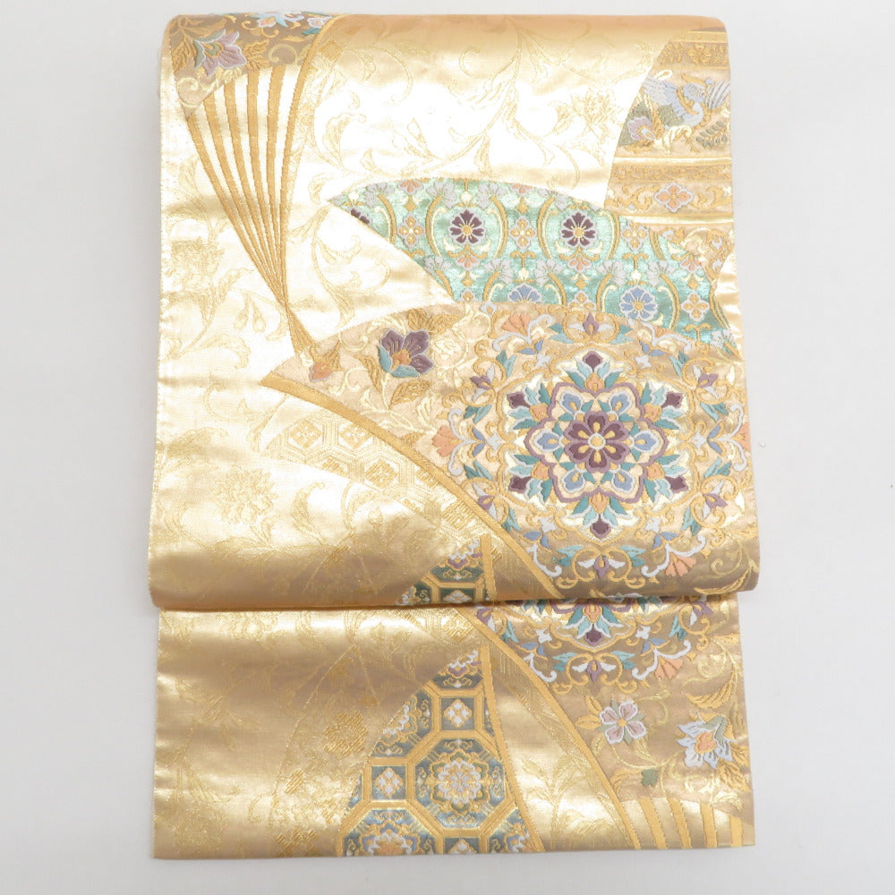 袋帯 綴れ織り お太鼓柄 波に季節の花々紋様 金糸ｘ銀糸 シルバーx多色 正絹 仕立て上がり 着物帯 長さ477cm 【キモノオフ野々市若松店】 袋帯 綴れ織り お太鼓柄 波に季節の花々紋様 金糸x銀糸 シルバーx多色