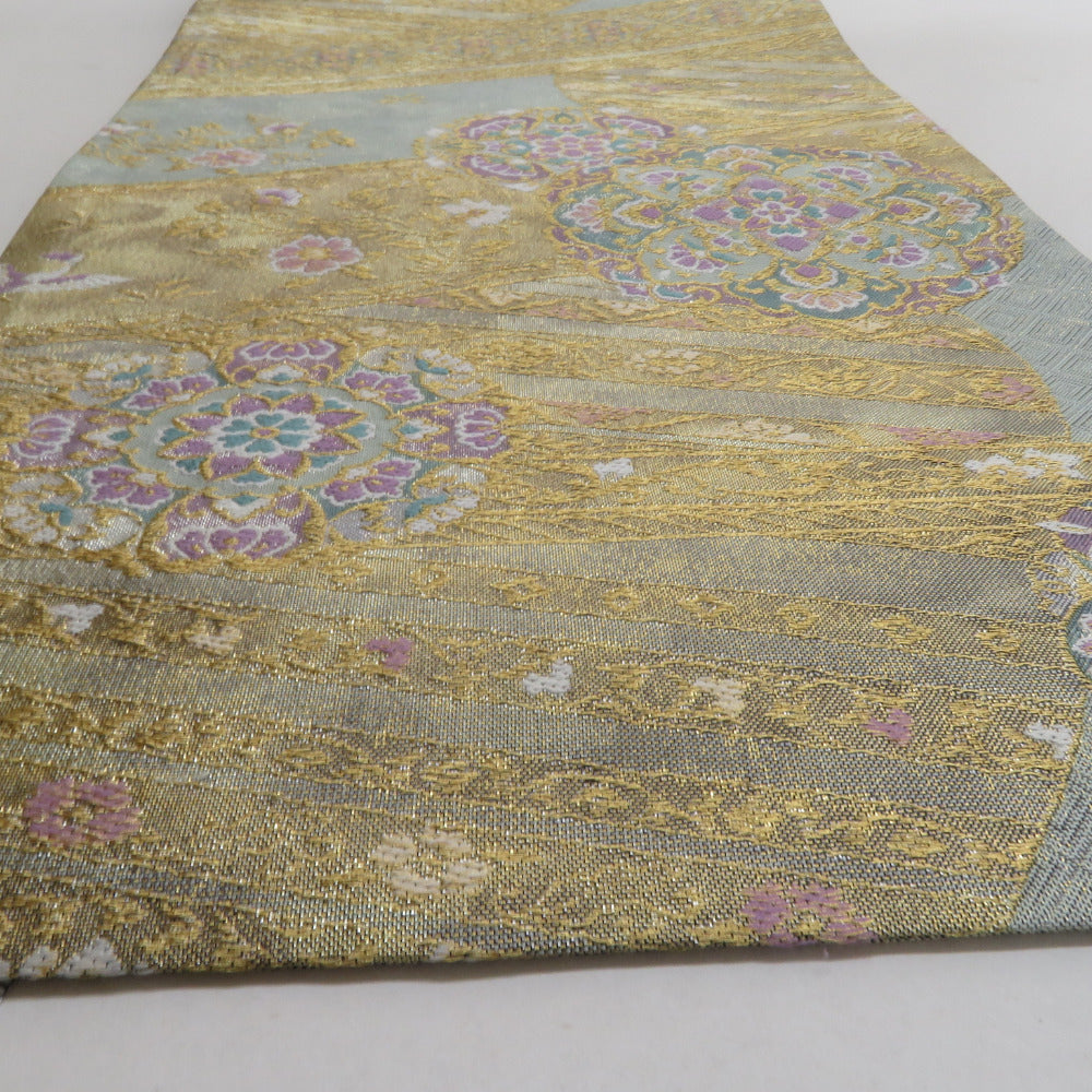 袋帯 正絹 金糸 華紋に鳥文様 緑色x金色x紫色 六通柄 フォーマル