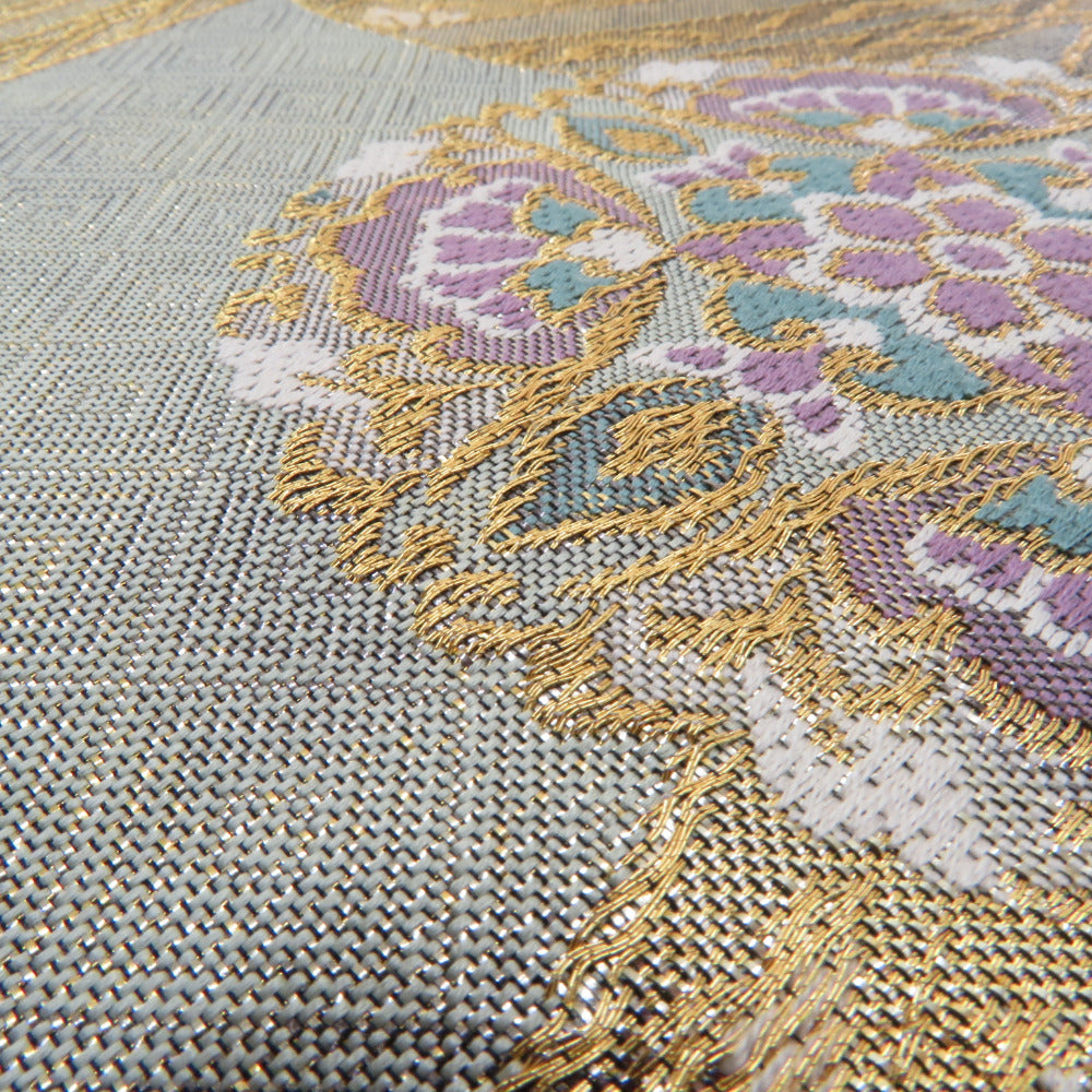 袋帯 正絹 金糸 華紋に鳥文様 緑色x金色x紫色 六通柄 フォーマル