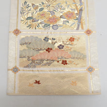 Load image into Gallery viewer, 袋帯 正絹 金糸 四季格子文様 金色ｘベージュ色x多色 六通柄 フォーマル 礼装 長さ448cm