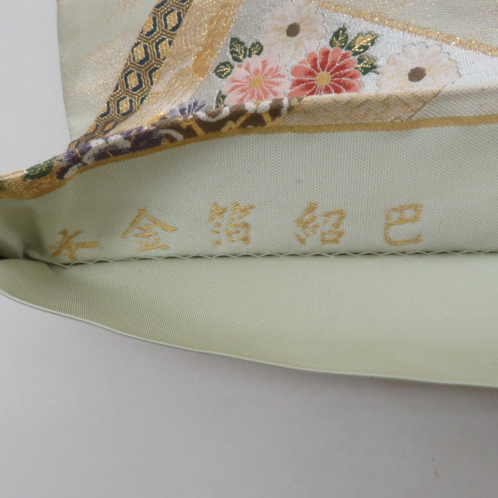 袋帯 正絹 金糸 ベージュ色x金色x緑色x多色 菱型に四季花文様