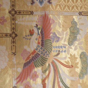 袋帯 正絹 金糸 金色ｘ緑色ｘ多色 鳳凰に華文紋様 六通柄 フォーマル 礼装 長さ440cm