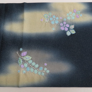 袋帯 正絹 洒落袋帯 辻が花 染め文様 ぼかし 紺色ｘ薄紫色 パステル系 銀糸 藤文様 お太鼓柄 落款入り フォーマル 礼装 長さ456cm