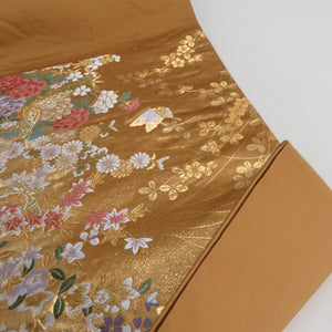 袋帯 正絹 金糸 萩と花に蝶々文様 金色ｘ多色 六通柄 フォーマル 礼装 長さ432cm