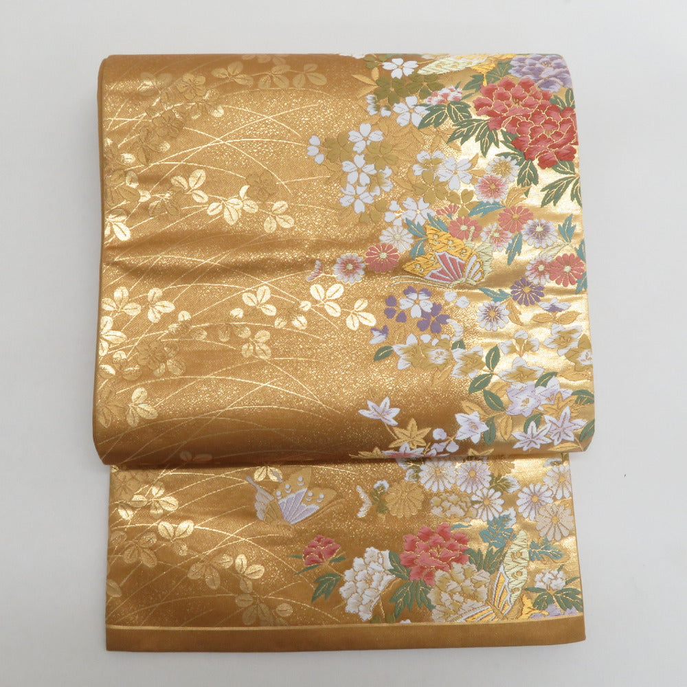 袋帯 綴れ織り お太鼓柄 波に季節の花々紋様 金糸x銀糸 シルバーx多色