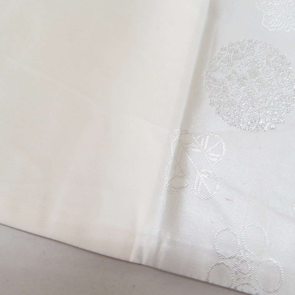 袋帯 正絹 銀糸 ホワイトxシルバー 家紋文様 六通柄 フォーマル 礼装