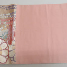 Load image into Gallery viewer, 袋帯 正絹 金糸銀糸 松に藤と菊文様 ピンク色ｘ薄紫色 パステル系 六通柄 フォーマル 礼装 長さ440cm