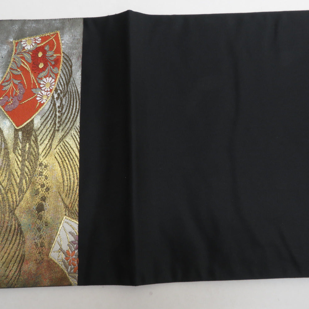 袋帯 正絹 金糸銀糸 地紙に流水文様 金色x茶色xオレンジ色 ゴールド