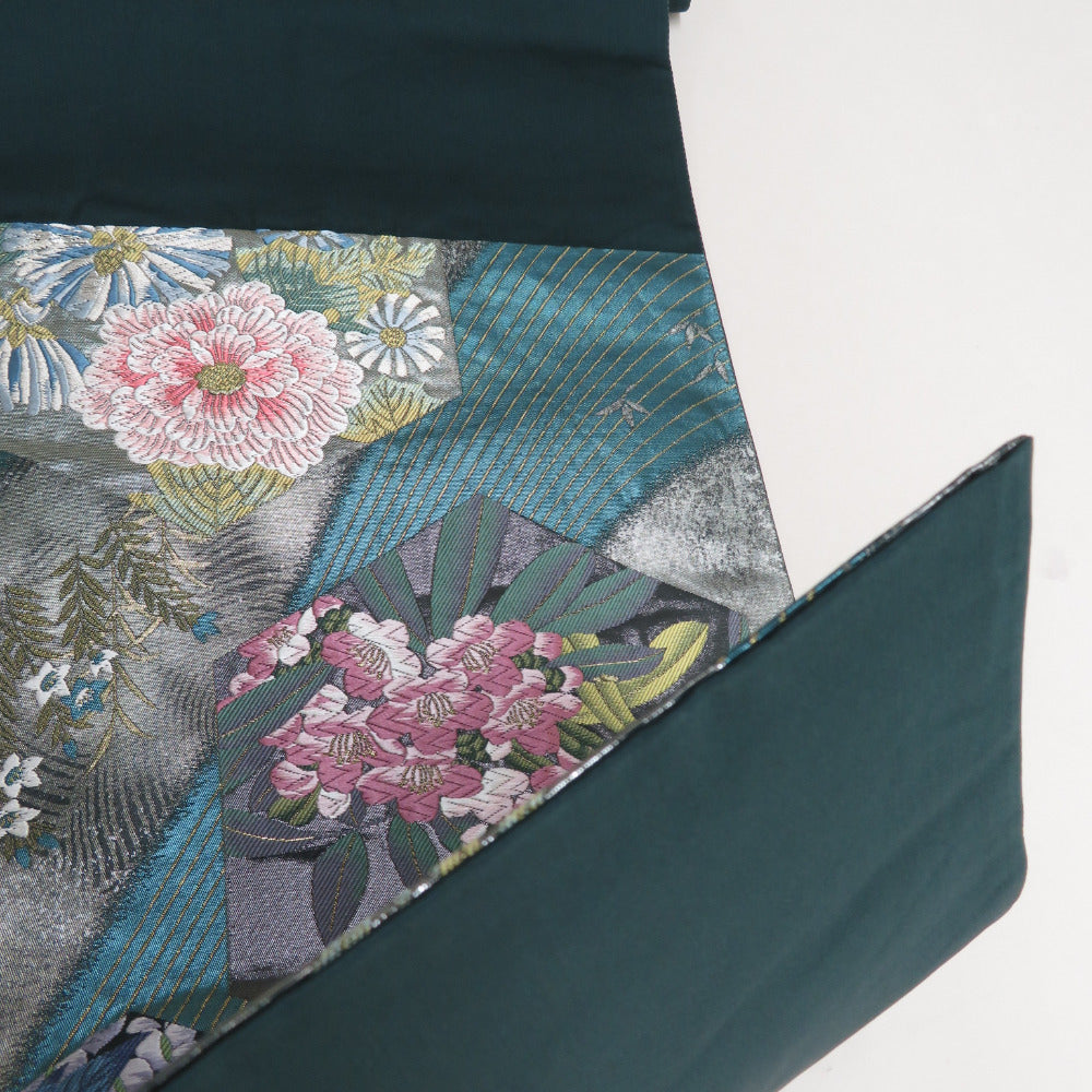 袋帯 正絹 銀糸 ターコイズブルーxピンク色x銀色 六角に花々文様