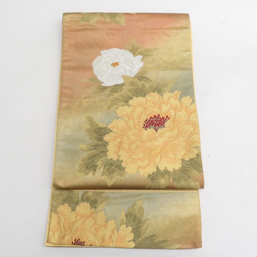 袋帯 正絹 金糸　牡丹文様 黄緑色ｘ金色 六通柄 フォーマル 礼装【中古】 【キモノオフ野々市若松店】 袋帯 正絹 金糸 牡丹文様 黄緑色x金色 六通柄 フォーマル 礼装 長さ