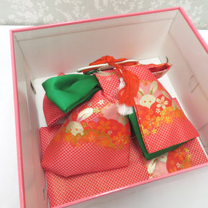子供着物 女児用 子ども用 作り帯 結び帯 7歳用 赤×ピンク×緑×金 うさぎ 雪輪 桜 市松 七五三 祝着 晴れ着 舞台衣装 ウサギ 兎