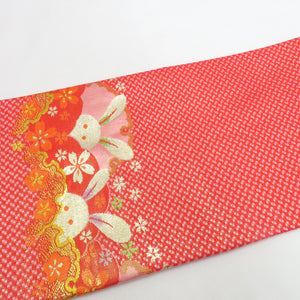子供着物 女児用 子ども用 作り帯 結び帯 7歳用 赤×ピンク×緑×金 うさぎ 雪輪 桜 市松 七五三 祝着 晴れ着 舞台衣装 ウサギ 兎