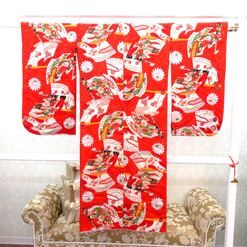 叶屋★アンティーク子供着物 子供着物 アンティーク 昔 赤 多色 扇 御所車 冊子 花 雲 宝文様 女児