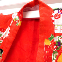 画像をギャラリービューアに読み込む, 子供着物 アンティーク 昔 赤 多色 扇 御所車 冊子 花 雲 宝文様 女児用 四つ身 レトロ 難あり 難あり