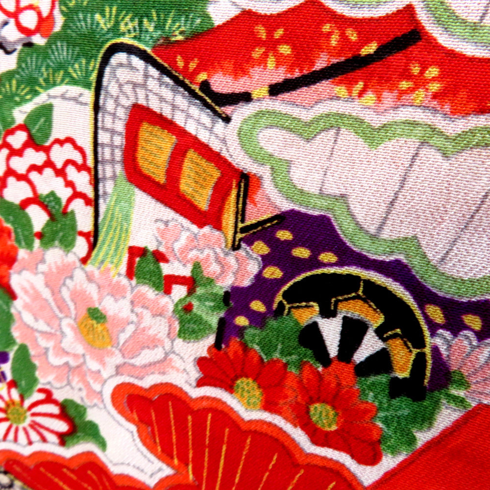 子供着物 アンティーク 昔 赤 多色 扇 御所車 冊子 花 雲 宝文様 女児