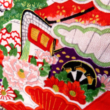 画像をギャラリービューアに読み込む, 子供着物 アンティーク 昔 赤 多色 扇 御所車 冊子 花 雲 宝文様 女児用 四つ身 レトロ 難あり 難あり