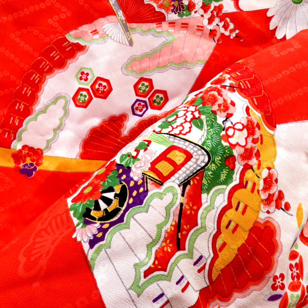 子供着物 アンティーク 昔 赤 多色 扇 御所車 冊子 花 雲 宝文様 女児
