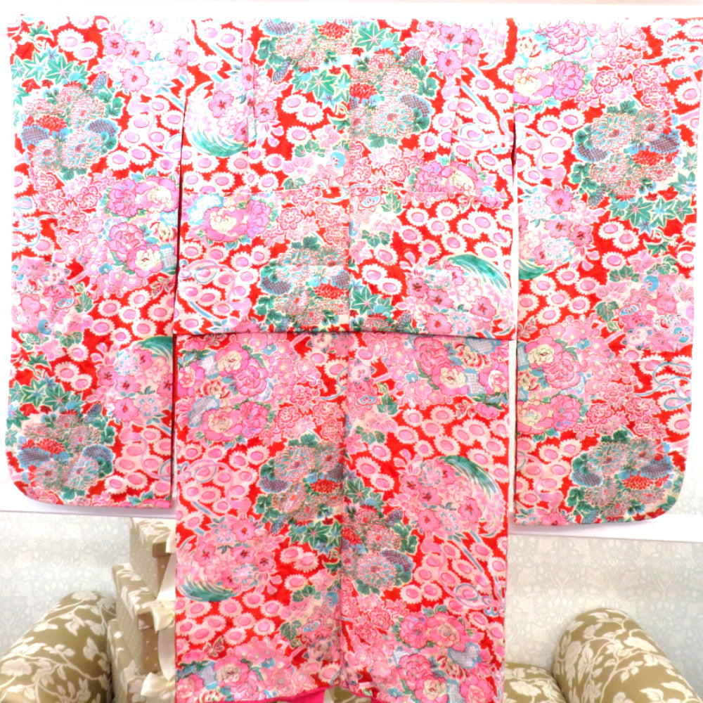 子供着物 アンティーク 昔 赤 白 ピンク 水色 緑 ベージュ 花々 花玉 女児用 四つ身 総柄 レトロ 上げあり 【中古】 【キモノオフ野々市若松店】 子供着物 アンティーク 昔 赤 白 ピンク 水色 緑 ベージュ 花々 花玉