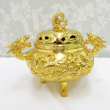 Load image into Gallery viewer, 骨董・民芸品 高岡銅器 瑞雲作 龍神香炉 香爐 香炉 三つ足 純金メッキ 共箱有