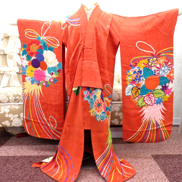子供着物 希少 昔 アンティーク着物 四つ身 女児用 オレンジブラウン系