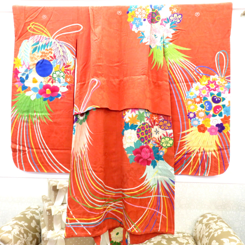 子供着物 希少 昔 アンティーク着物 四つ身 女児用 オレンジブラウン系 多色 花薬玉 昔きもの 胴裏紅絹  袖口・裾に綿入 大正ロマン コレクター【中古】 【キモノオフ野々市若松店】 子供着物 希少 昔 アンティーク着物 四つ身 女児用 オレンジブラウン系