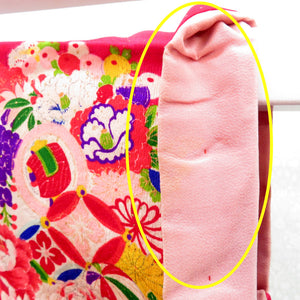 子供着物 アンティーク 昔 子供着物 濃ピンク 多色 檜扇 花玉 女児用 一つ身 レトロ きもの 上げあり 難あり 難あり