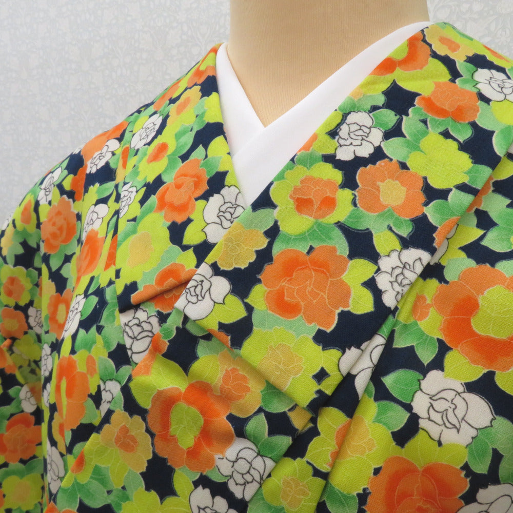着物　バラ柄 単衣＊ターコイズブルー 薔薇柄 アンティーク小紋キモノ 0299 | kimono