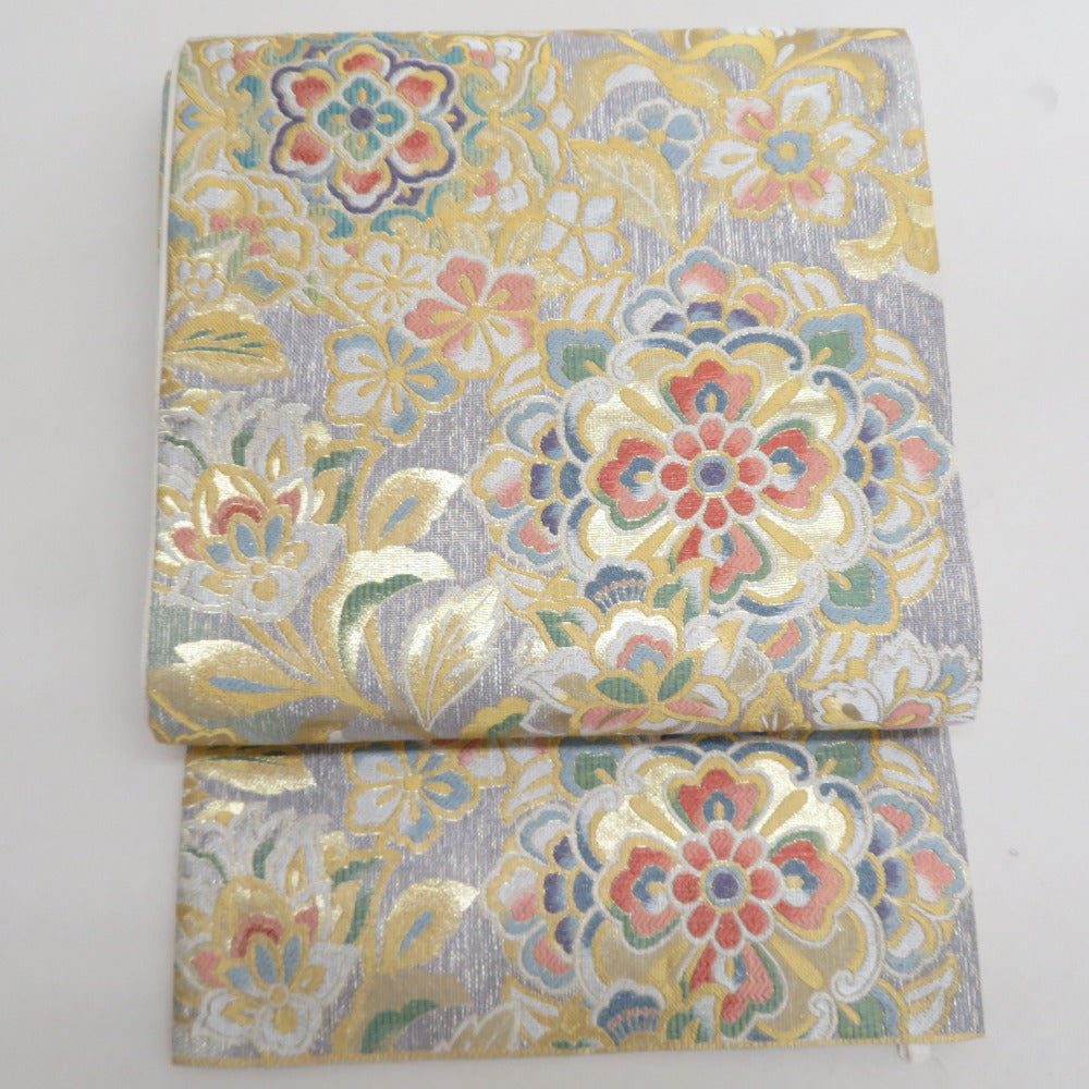 袋帯 正絹 金糸銀糸 唐草花文様 金色x多色 パステル系 六通柄