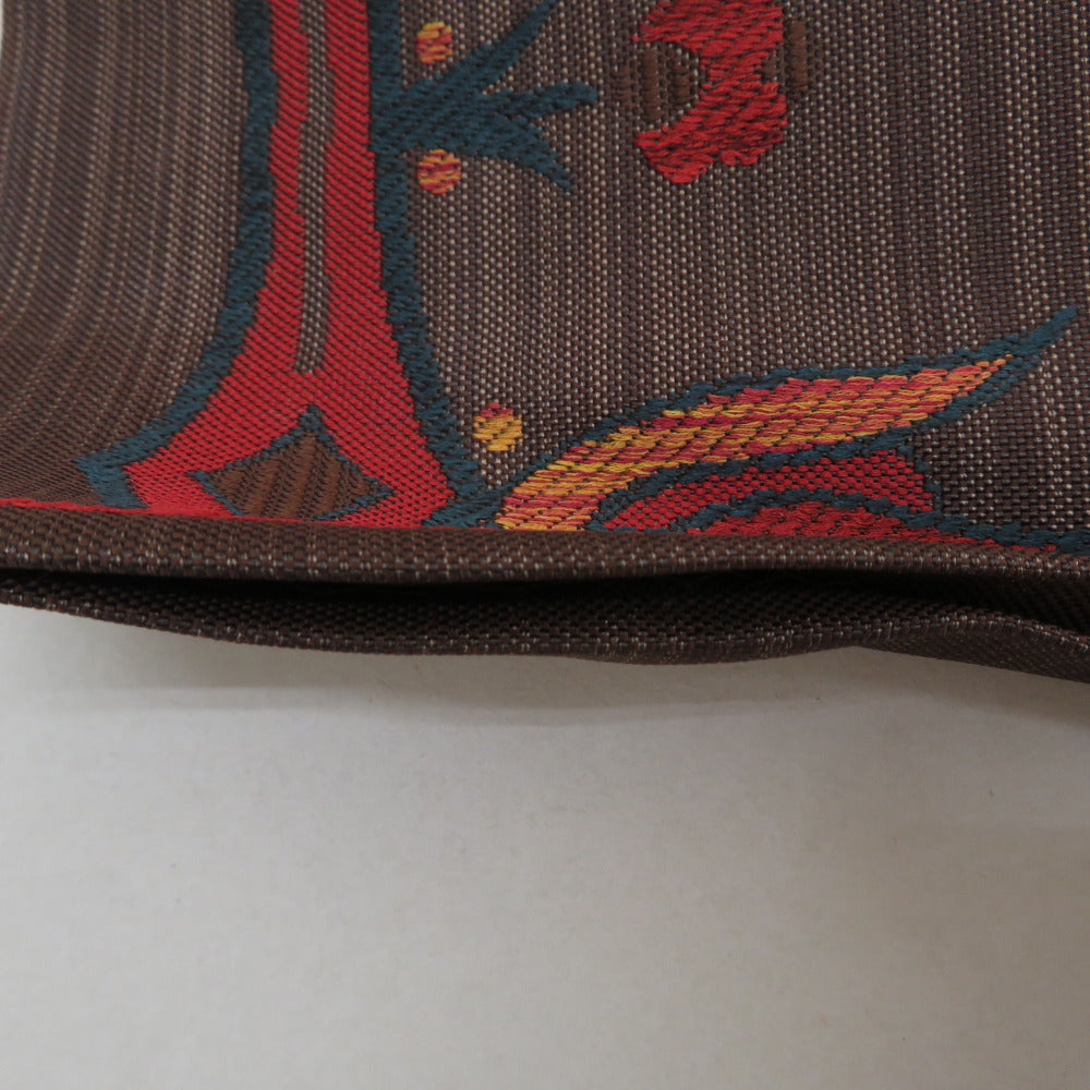 袋帯 洒落袋帯 正絹 茶色x赤色x多色 エスニック調 草花模様 六通柄