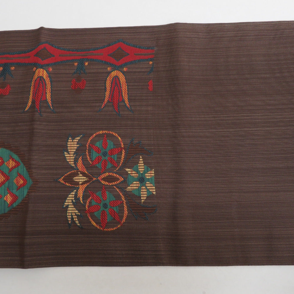 袋帯 洒落袋帯 正絹 茶色x赤色x多色 エスニック調 草花模様 六通柄