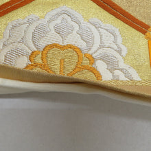 画像をギャラリービューアに読み込む, 袋帯 正絹 金糸銀糸 金色ｘ緑色ｘオレンジ色 ゴールド系 亀甲に華文紋様 六通柄 フォーマル 礼装 長さ432cm