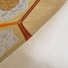 画像をギャラリービューアに読み込む, 袋帯 正絹 金糸銀糸 金色ｘ緑色ｘオレンジ色 ゴールド系 亀甲に華文紋様 六通柄 フォーマル 礼装 長さ432cm
