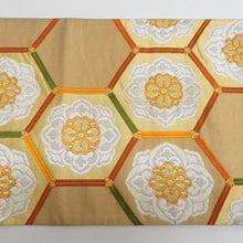 画像をギャラリービューアに読み込む, 袋帯 正絹 金糸銀糸 金色ｘ緑色ｘオレンジ色 ゴールド系 亀甲に華文紋様 六通柄 フォーマル 礼装 長さ432cm