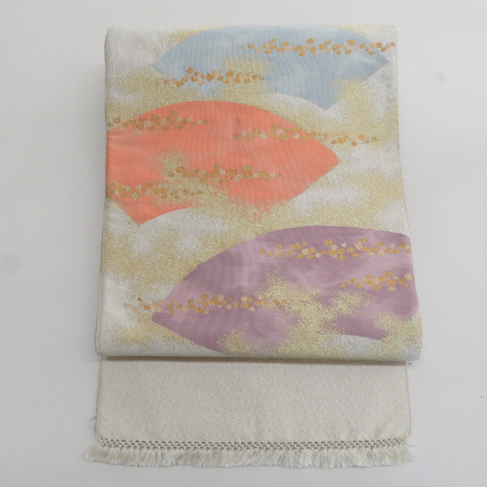 袋帯 正絹 綴れ織り 金糸銀糸 金色ｘ薄紫色ｘサーモンピンク色 パステル系 地紙文様 お太鼓柄 フォーマル 礼装 長さ448cm【中古】 【キモノオフ野々市若松店】 袋帯 正絹 綴れ織り 金糸銀糸 金色x薄紫色xサーモンピンク色