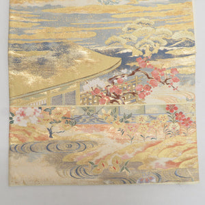 袋帯 正絹 平安風景文様 金色ｘピンク色ｘベージュ色 金糸 ゴールド系 六通柄 フォーマル 礼装 長さ440cm