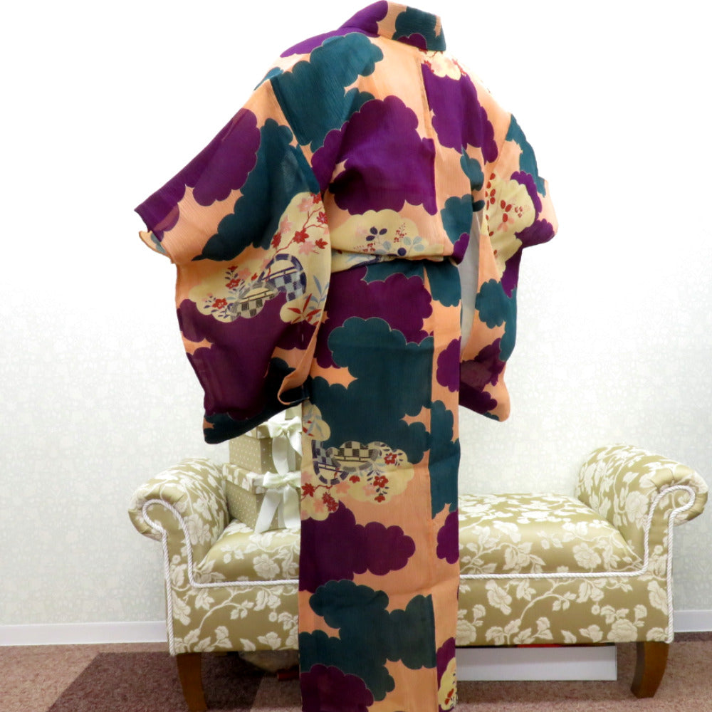 夏着物 昔 夏物 アンティーク 昔着物 ピンク 多色 雲取 花 風景 バチ衿